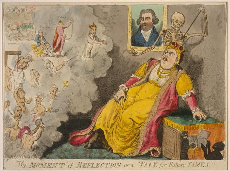Zeitgenössische Karikatur, London, 1796: Der Moment der Reflexion oder das Märchen von der Zukunft