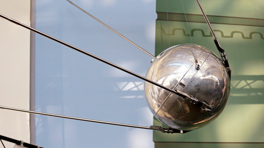 A Sputnik 1 test satellite displayed at the Museum of Flight.