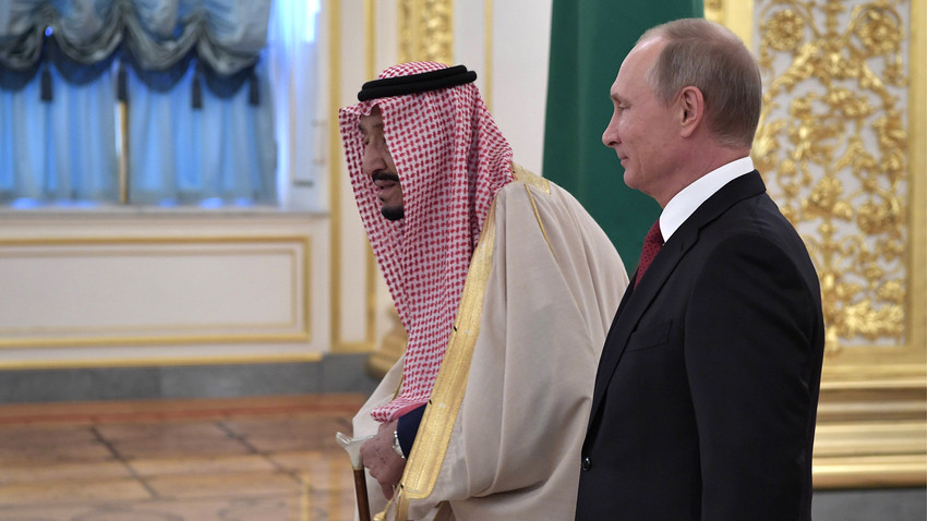 King Salman bin Abdulaziz Al Saud (L) of Saudi Arabia and Russia's President Vladimir Putin meet at the Moscow Kremlin