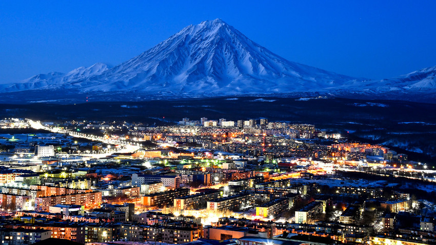 A view of Petropavlovsk-Kamchatsky with the Koryaksky active volcano in the background.