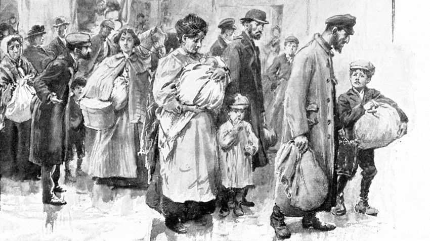 A drawing of deported Jewish people in the beginning of the 20th century. Jews suffered a lot throughout the revolution of 1917 and the Civil war