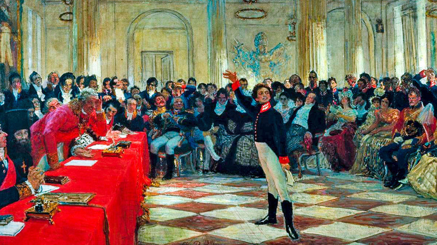 Ilja Rjepin. Alekdandar Puškin recitira svoju pjesmu pred Gavrilom Deržavinom tijekom ispita u Carskoselskom liceju 8. siječnja 1815.