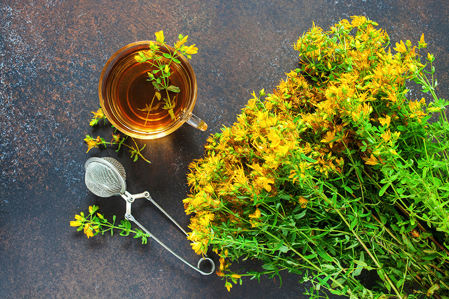 Hypericum. Glass cup with herbal tea.