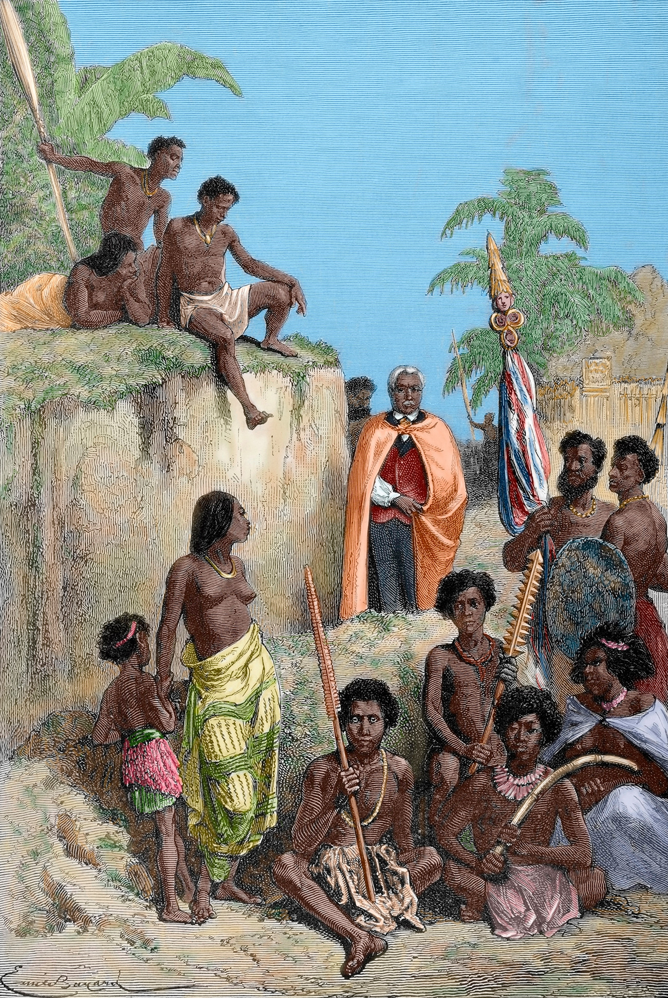 Kamehameha (1758-1819) con sus guerreros, obra de E. Bayard. 