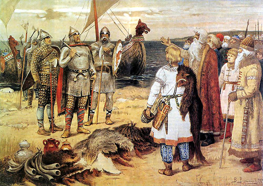 Поканата на варягите: Рюрих и братята му пристигат в Старая Ладога. От Виктор Михайлович Васнецов