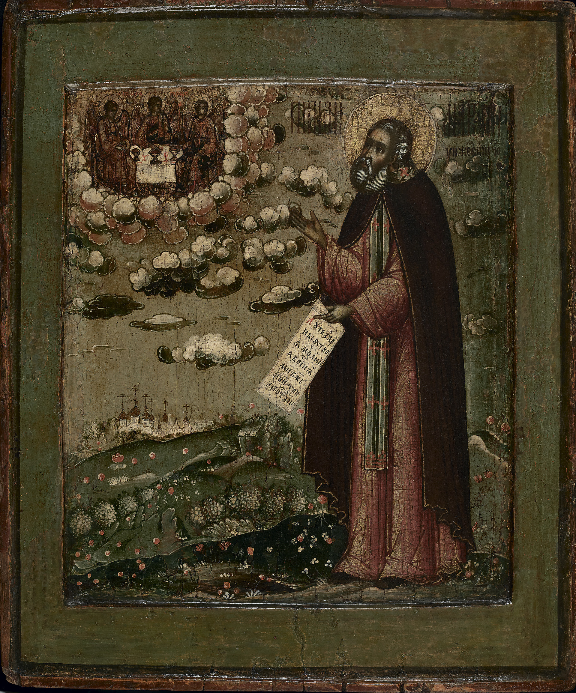 Venerato Makarij di Unza con veduta del Monastero della Trinità