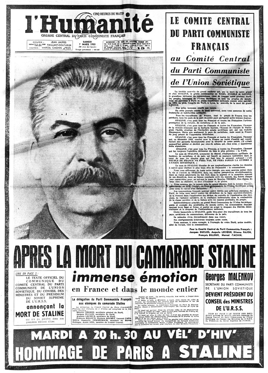 Capa do jornal francês 'l'Humanite' em 7 de março de 1953, noticiando a morte de Stálin
