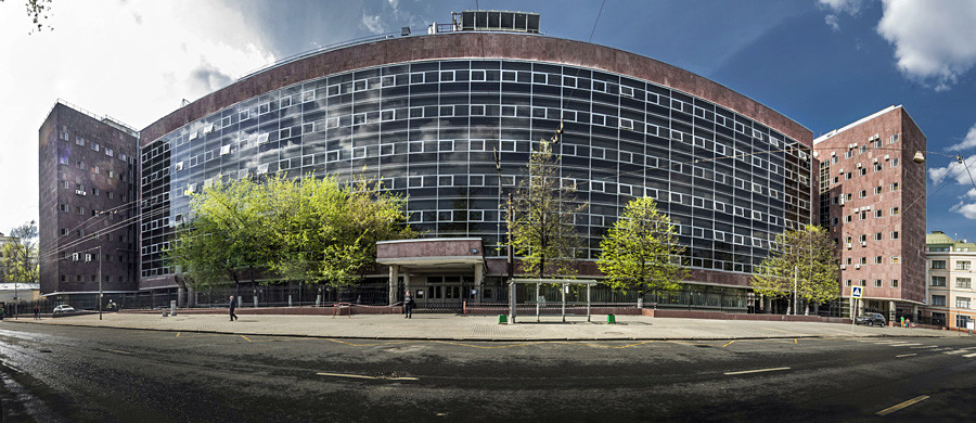 Myasnitskaya street. The Tsentrosoyuz Building or Centrosoyuz Building constructed in 1933 by Le Corbusier and Nikolay Kolli.