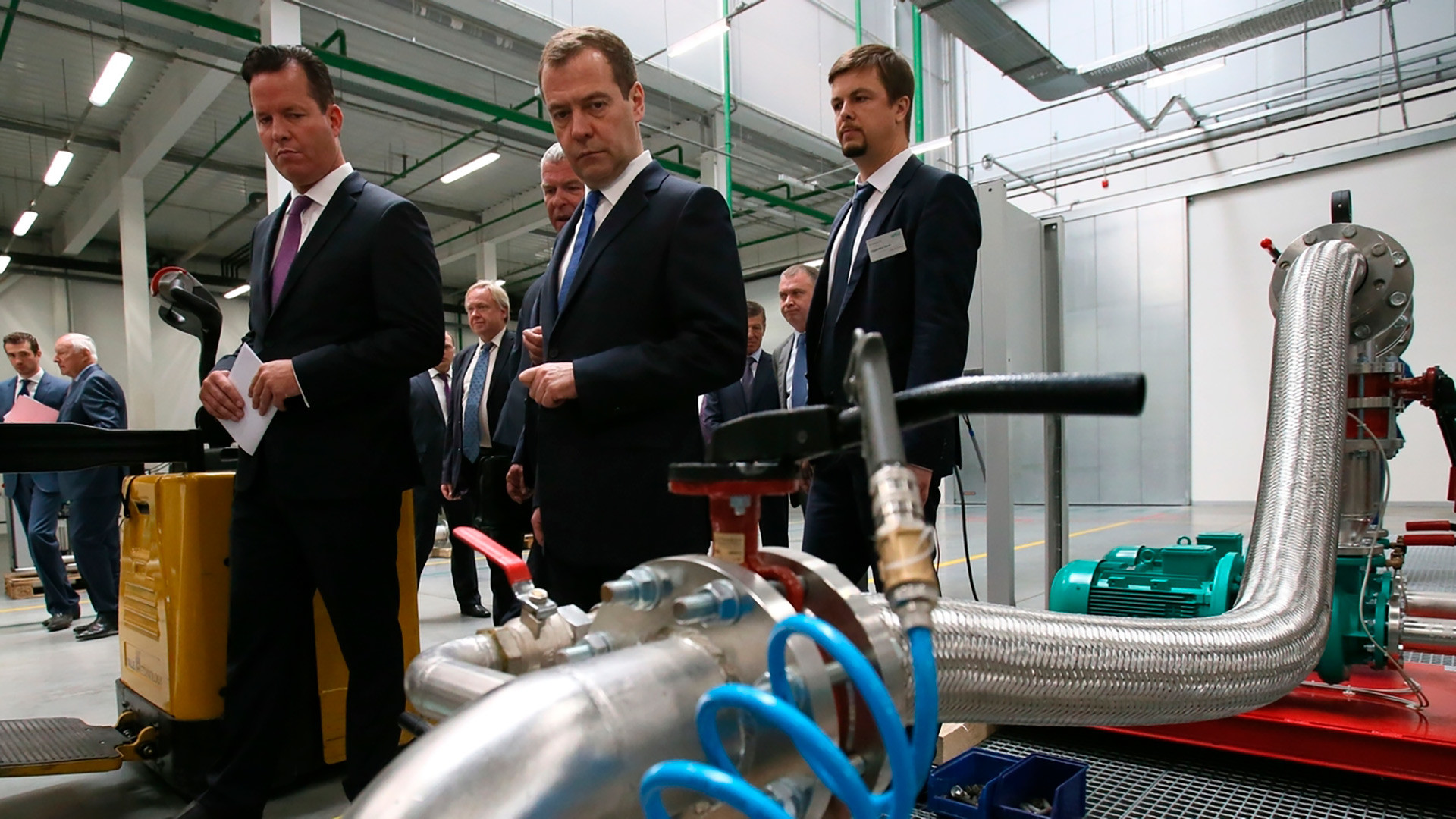 Russia's Prime Minister Dmitry Medvedev at the Wilo's plant in Noginsk.