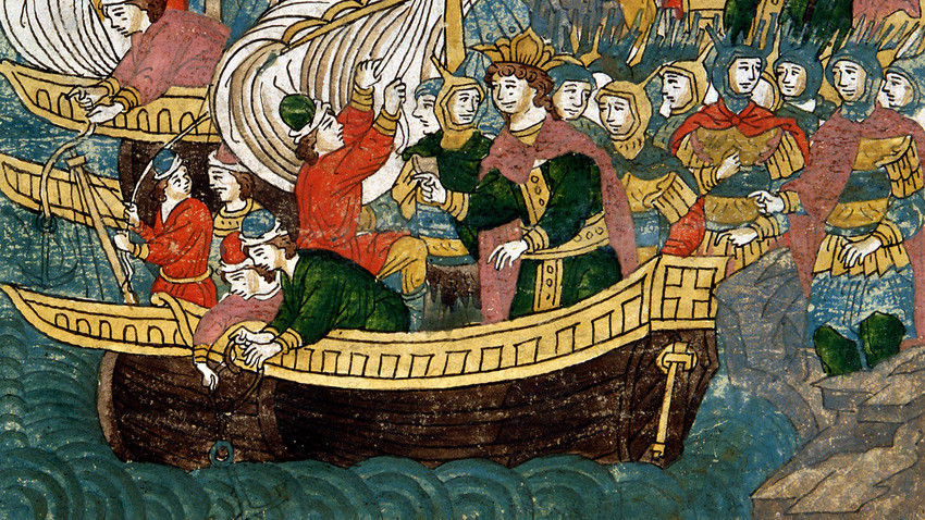 Lukisan armada pertama Rusia di Museum Sejarah Negara di Moskow.