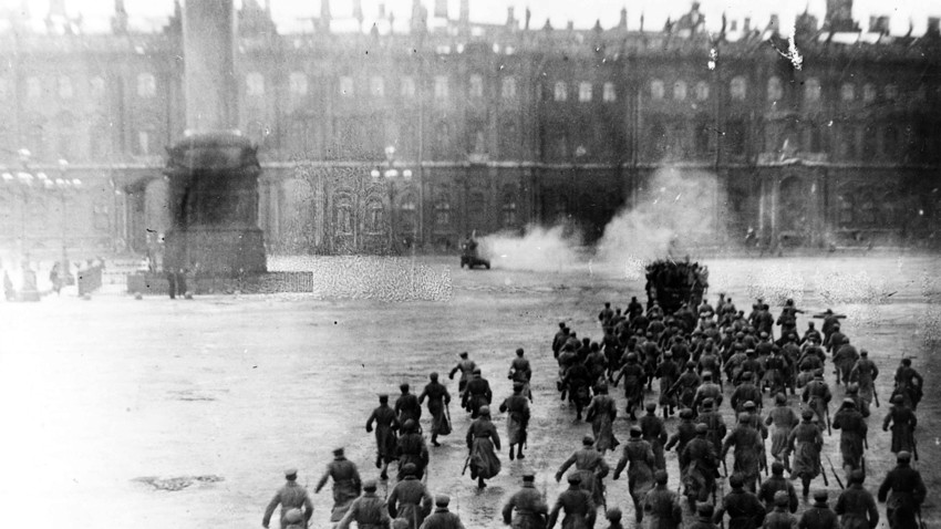 The storming of the Winter Palace by the insurgents. This photo is a reconstruction, staged for the benefit of the camera