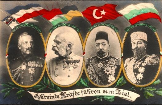 Postkarte aus Zeiten des Ersten Weltkriegs: Preußen, Österreich-Ungarn, Ottomanen und Bulgarien - Parole des Vierbundes 