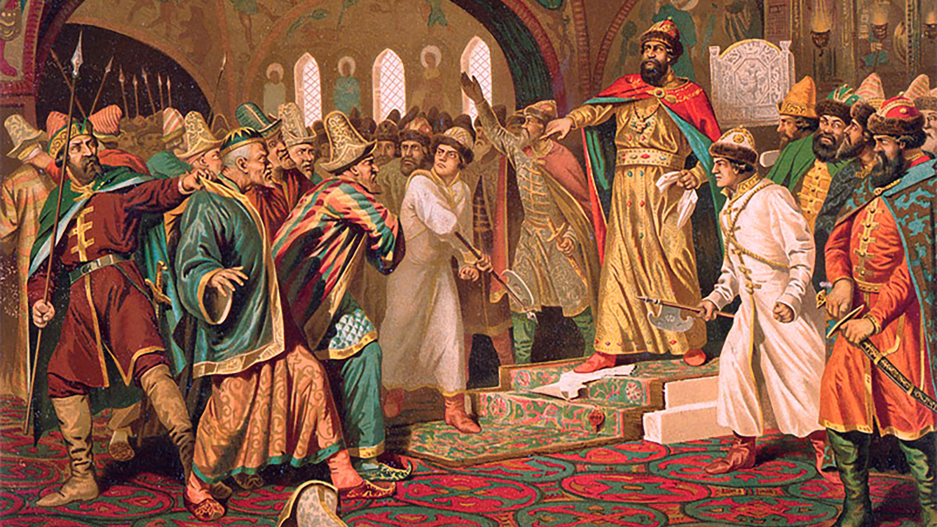 Ivan III. razseče kanovo pismo, Aleksej Kivšenko. Po legendi je Ivan III. razsekal Ahmatovo pismo, v kateri je kan zahteval plačilo dajatve.
