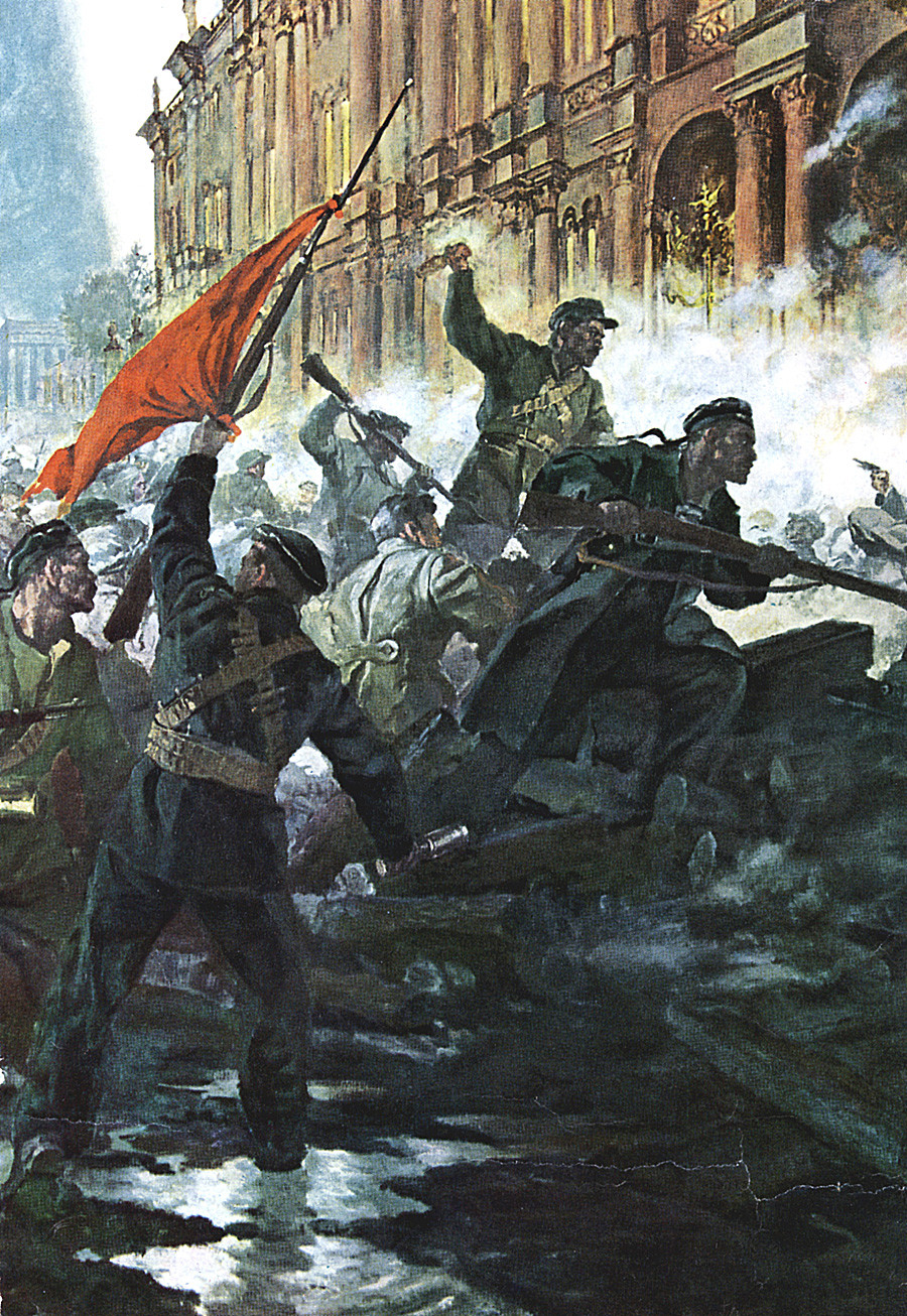 Russian Revolution, October 1917. The storming of the Winter Palace, St Petersburg (Petrograd) as depicted in a later picture.