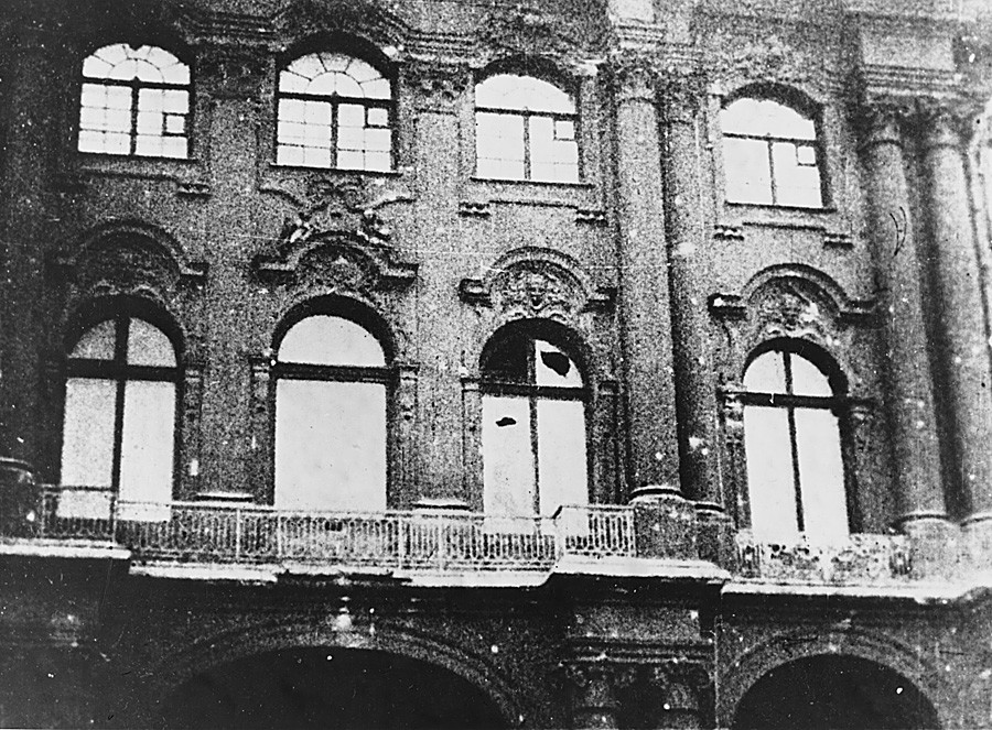 Damage to the Winter Palace, Petrograd, caused by shelling from the Peter & Paul Fortress.