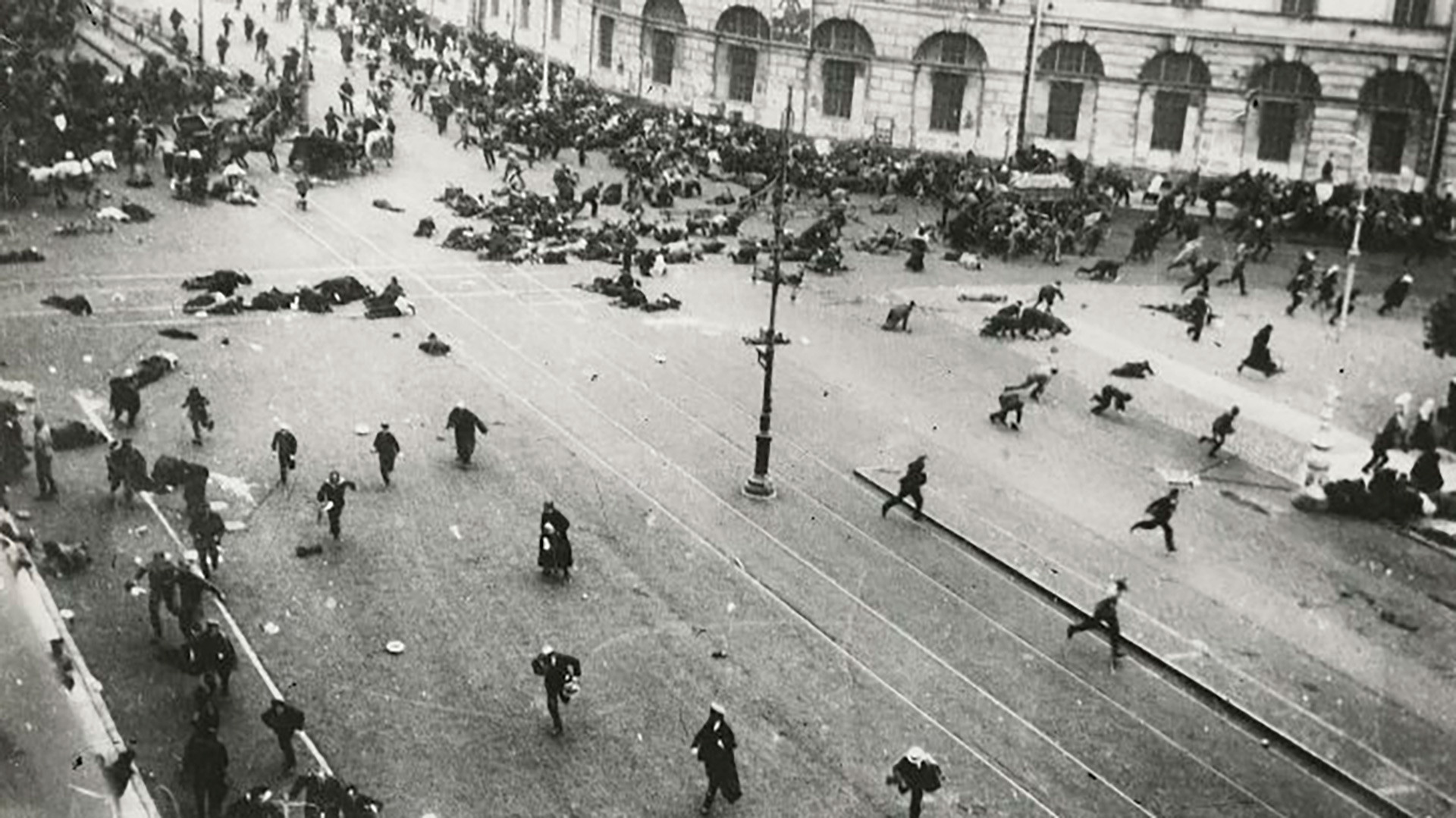 The Provisional Government's troops shoot into a peace demonstration on Nevsky Prospect