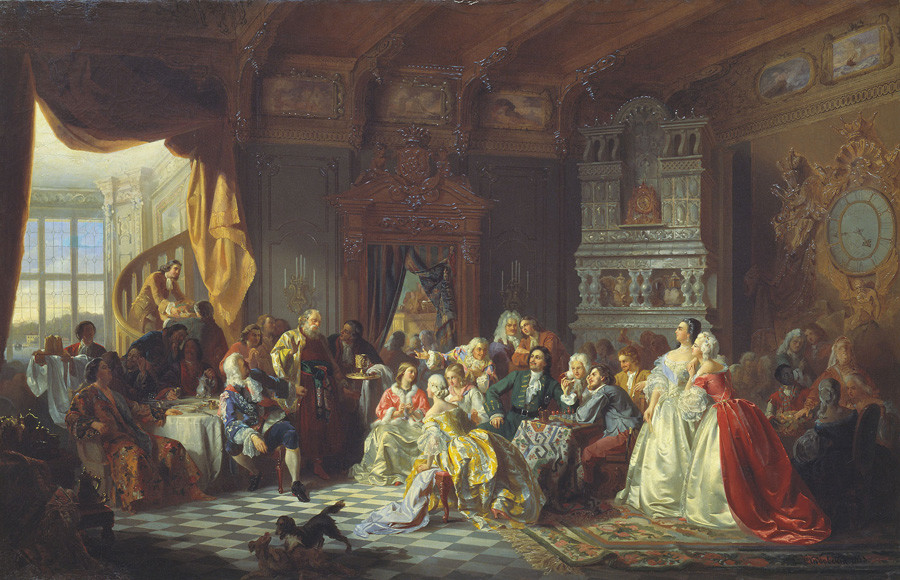 Assemblea al cospetto dello zar Pietro I, dipinto di Stanislav Khlebovskij, 1858