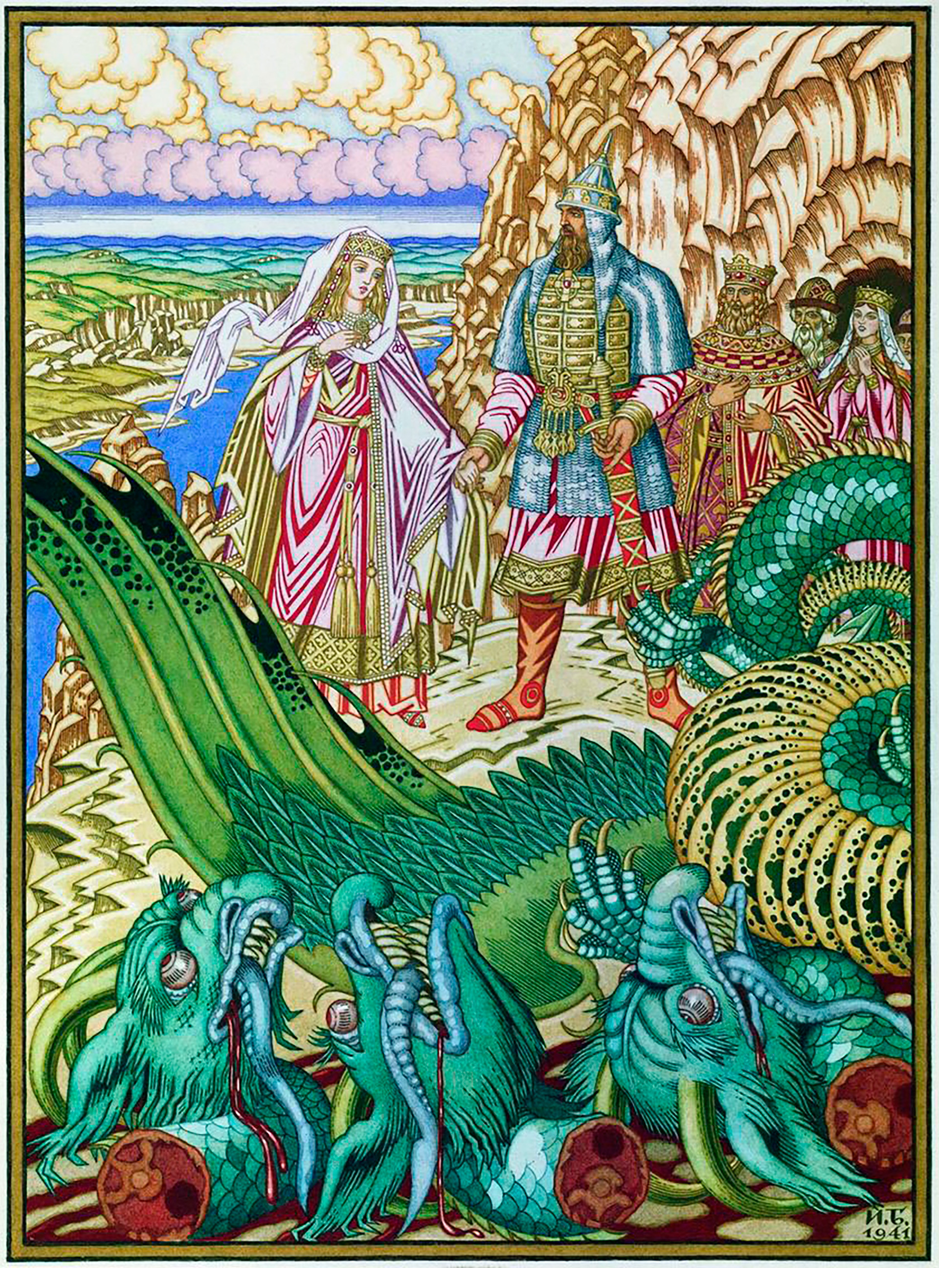 Ivan Bilibin. Dobrynya Nikitich set Zabava Putyatichna free from Zmey Gorynych. An illustration for fairy tales collection by N.V. Vodovozov