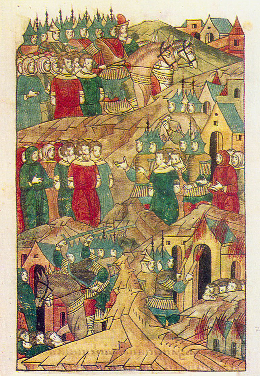 Priča o uništenju Rjazanja. Minijatura. Ilustrirana kronika, XVI. st. Drevni kroničar, tom II.