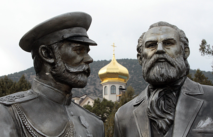 Statues of Tsar Nicholas II of Russia (L) and wine maker, prince Lev Golitsyn, at the Novy Svet winery in Crimea