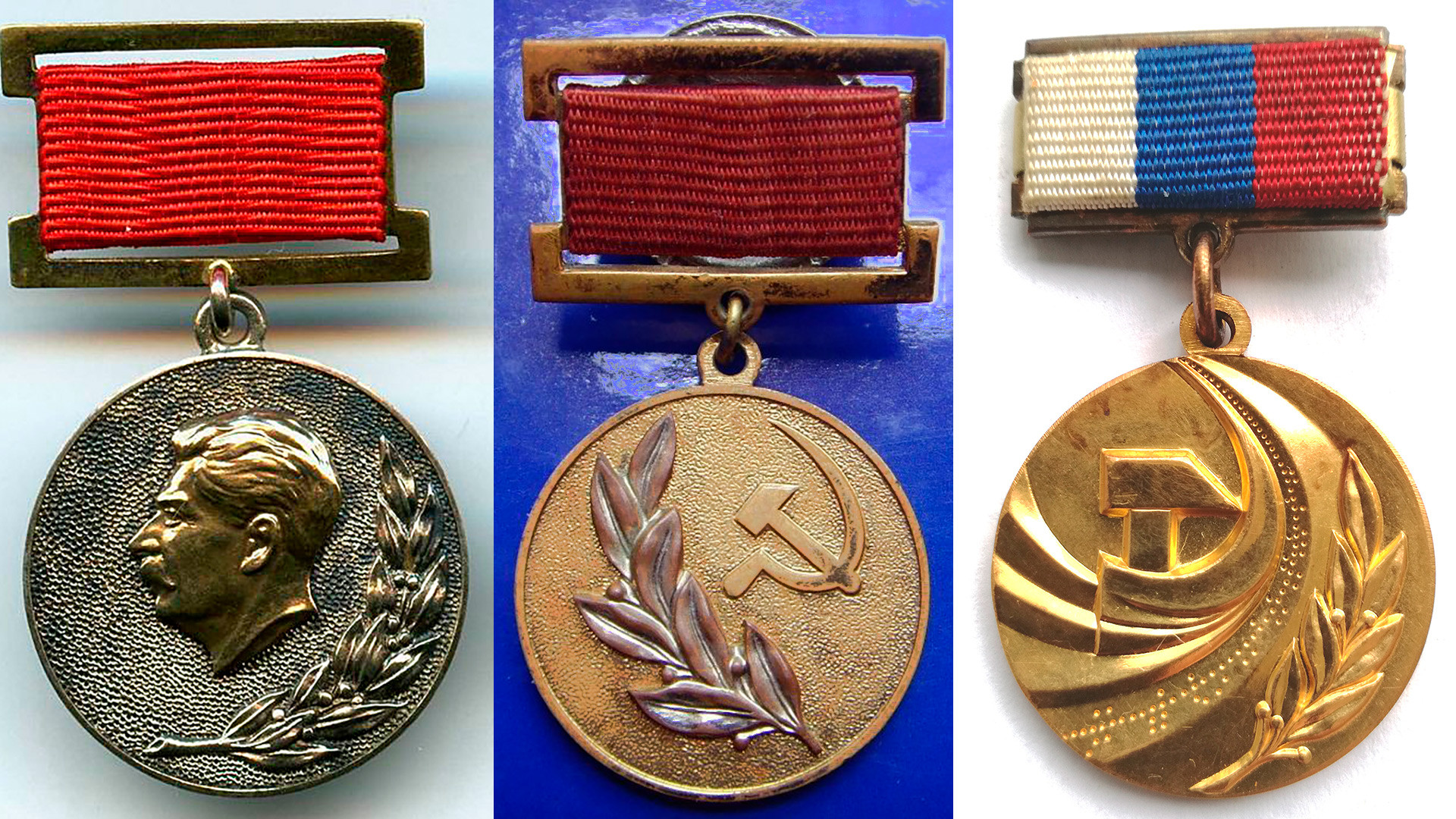 Medallas del Premio del Estado (de la izq. a la der.): Stalin, de la URSS y de la Federación Rusa.