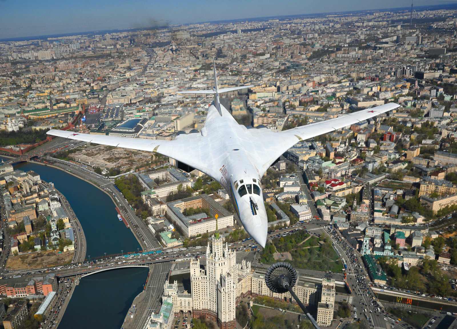 The Tupolev Tu-160 strategic bomber in the sky above Moscow.