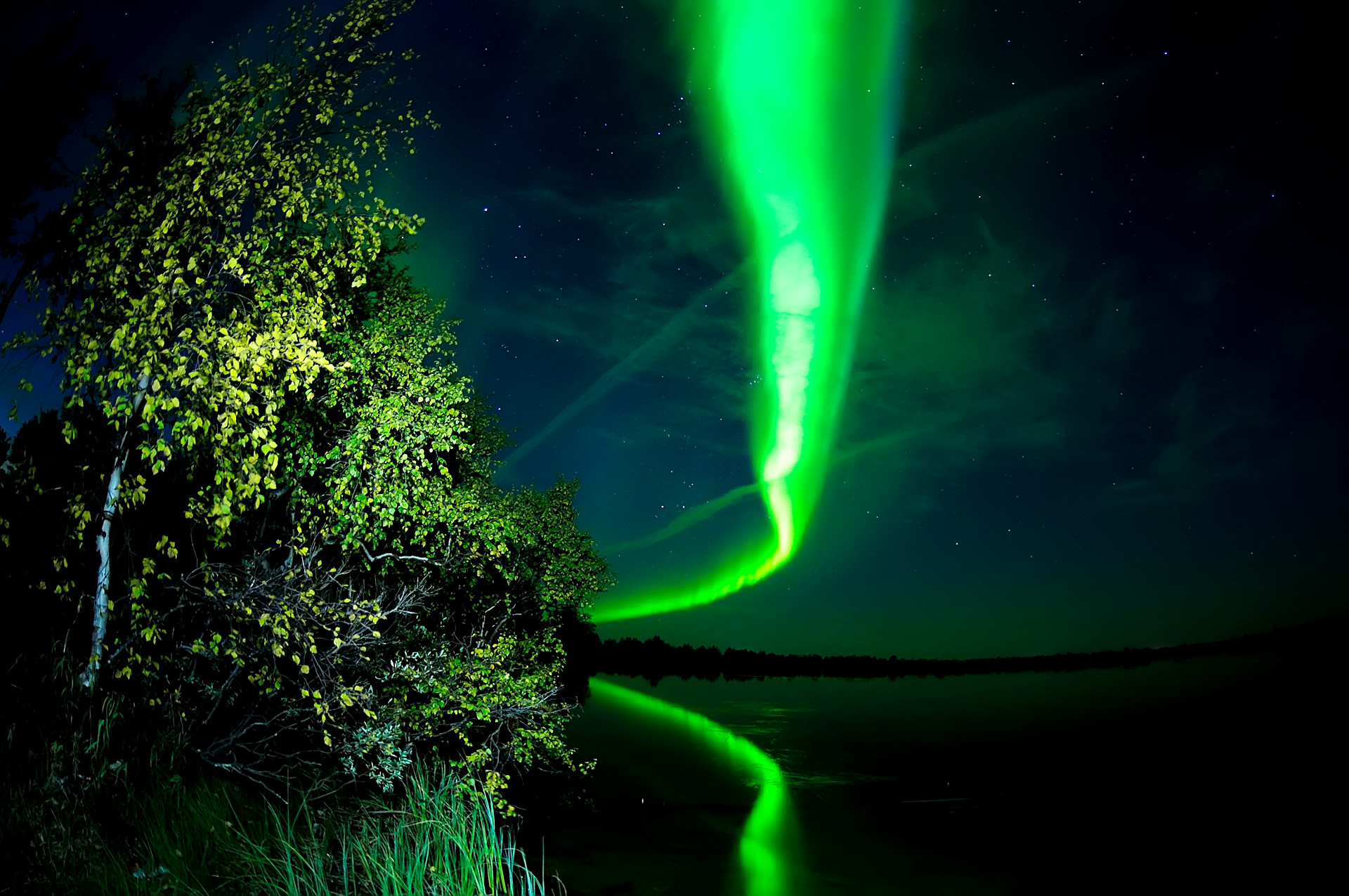 Northern Lights with reflection in the lake, Naryan-Mar.