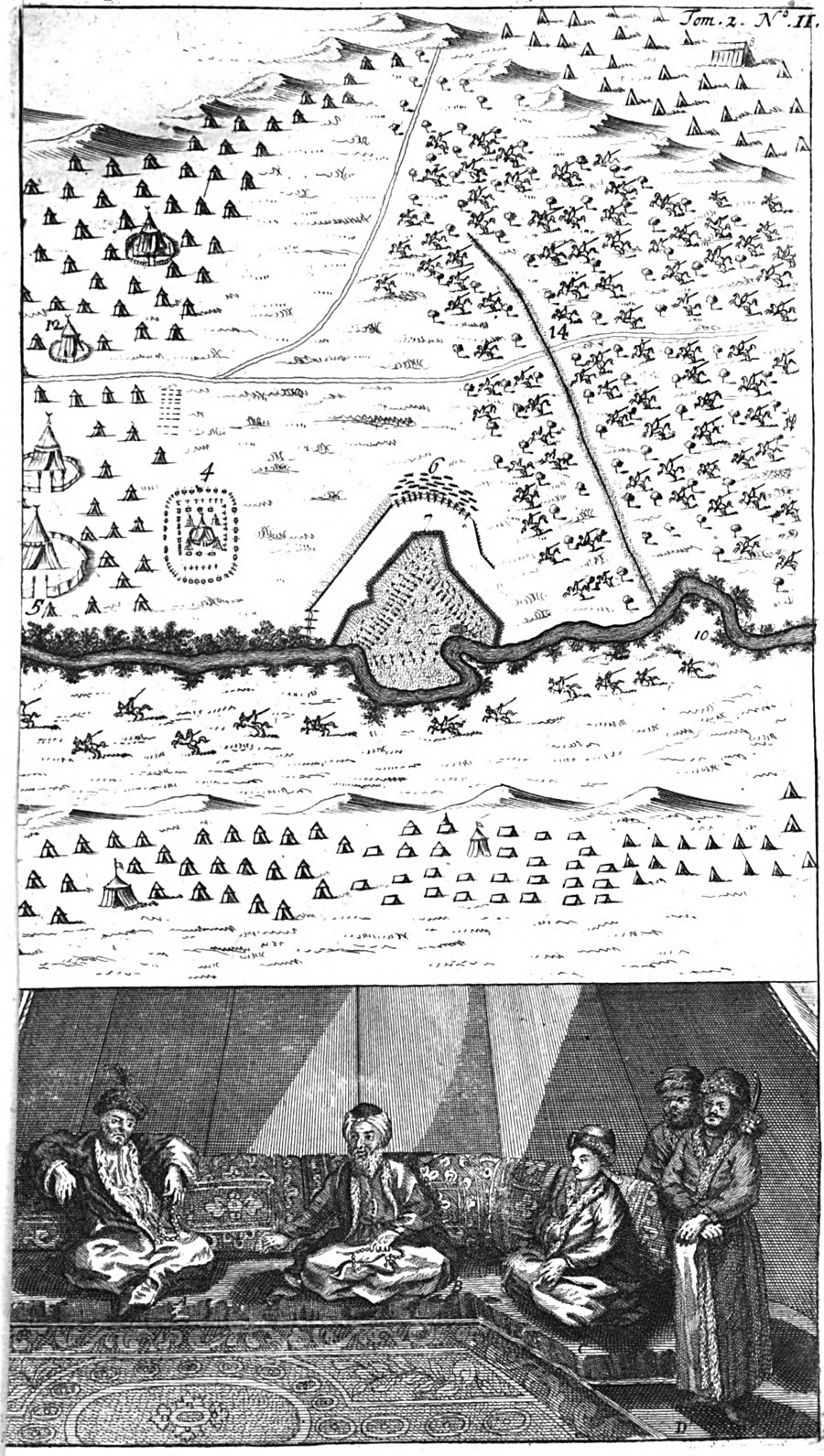 Bataille du Prout. Ilustrasi dari William Hogarth (1697 – 1764) untuk 'Travels' oleh Aubry de la Motraye, 1724.