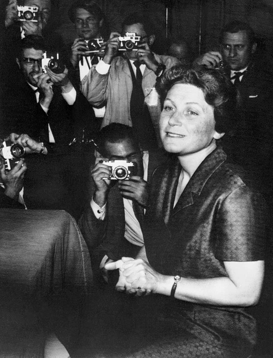 Svetlana Alliluyeva gives a press conference in New York City, USA. Svetlana became one of the most famous Soviet defectors who fled to the West.