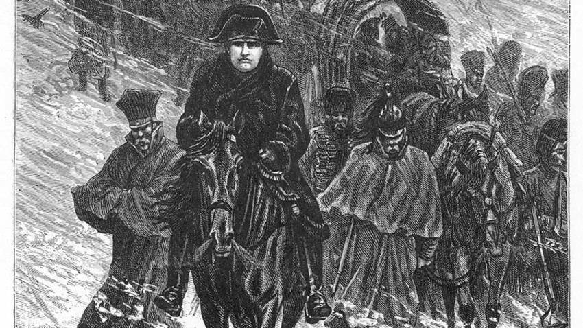 Napoleón retirándose de Moscú en 1812.