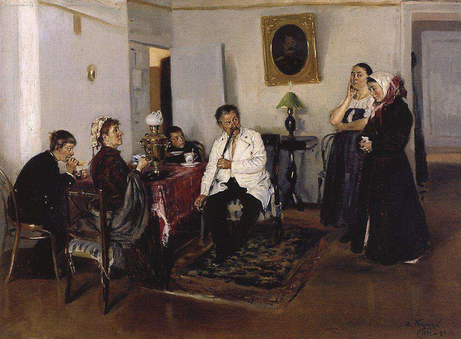 「召使いの雇用」ウラジーミル・マコーフスキー画、1891年