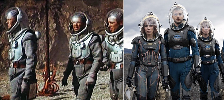 The space suits designed by Klushantsev were reportedly used in the design of actual Soviet space suits in which cosmonauts travelled to space. So it's natural that similar costumes appear in modern films.