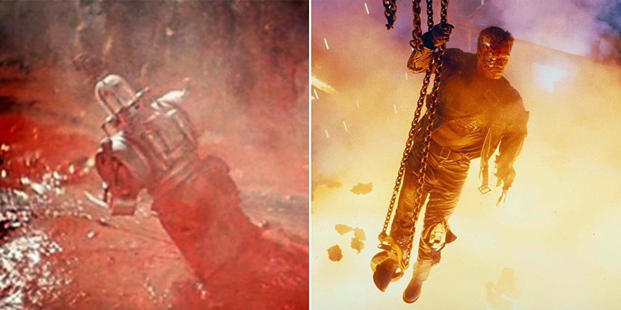 The first scene in history with a robot dying in lava was done by Klushantsev with the use of tinted dough. A similar scene occurs in Terminator 2, which Skotak also worked on.
