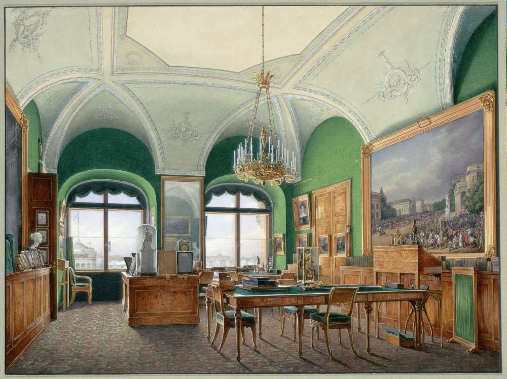 Das große Arbeitszimmer von Nikolai I. im Winterpalast in Sankt Petersburg. Gemälde von Eduard Gau