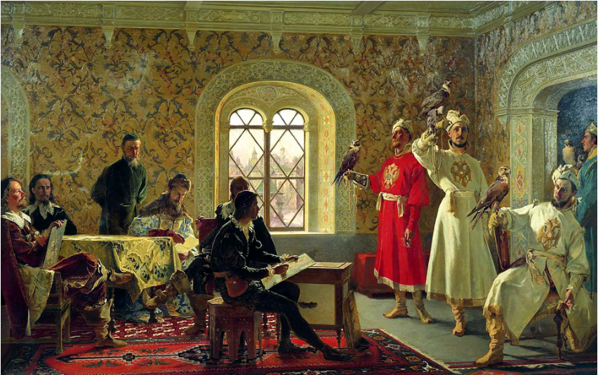 “Italijanski odposlanec Calvucci ob slikanju najljubših sokolov carja Alekseja”, Aleksander Litovčenko (1889)