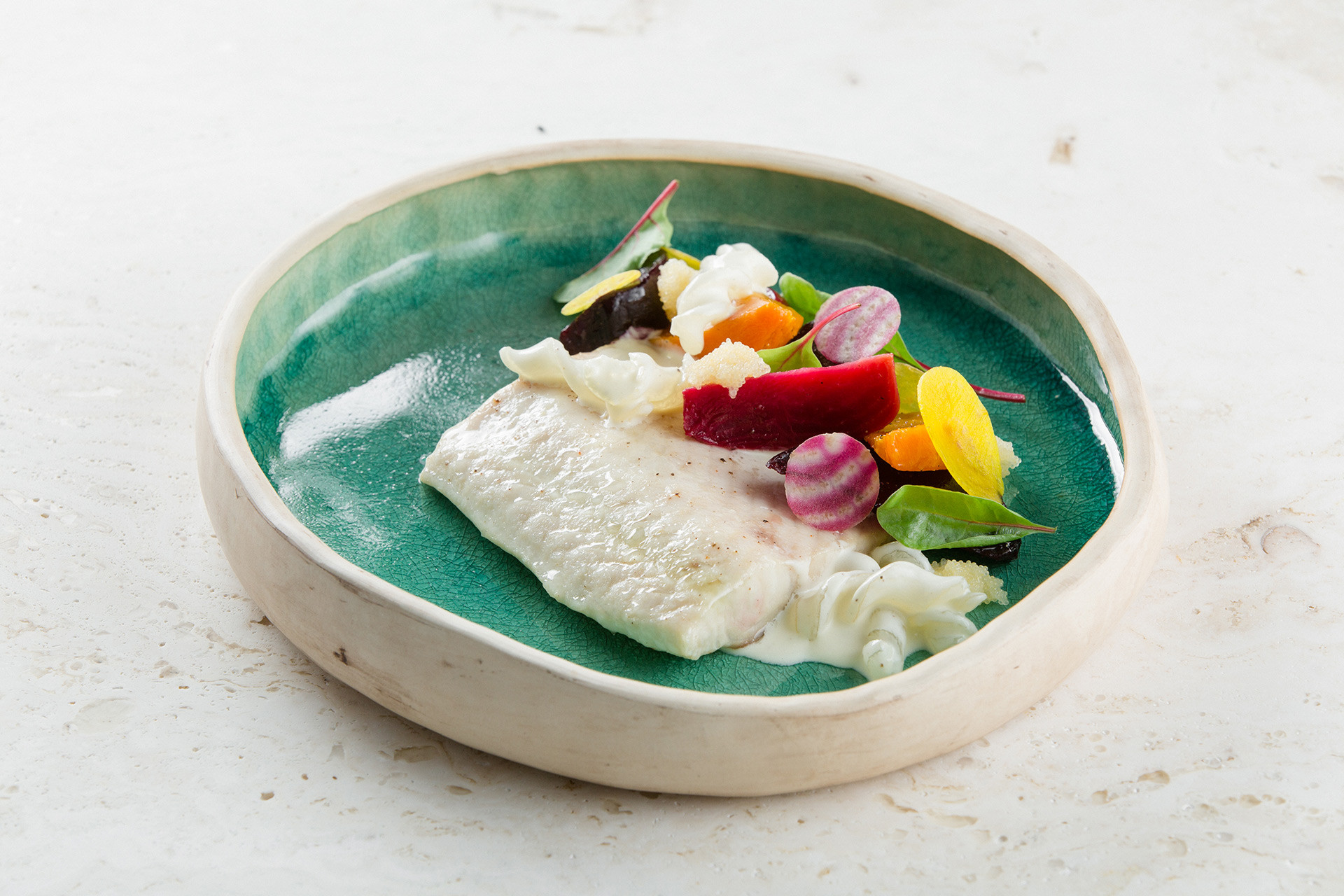 Steamed starlet with various types of beetroot and fusilli made of viziga (dried spinal chord of cartilaginous fish)