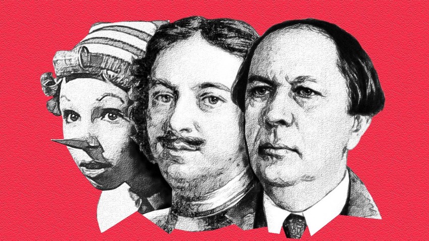 Da esq. para dir.: Buratino (o “Pinóquio russo”), Pedro, o Grande e Aleksêi Tolstói. 