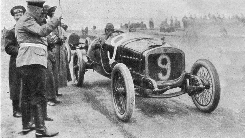 Russian racer Ivanov Ivanov at the start of the Grand Prix of Russia in 1913 driving Russo-Balt car.