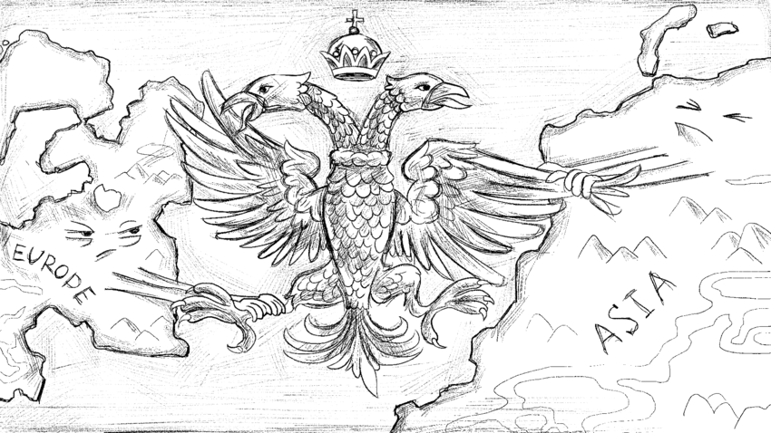 Bahkan lambang negara Rusia merefleksikan sifat ganda: satu kepala elang menghadap Eropa, satunya lagi ke Asia.