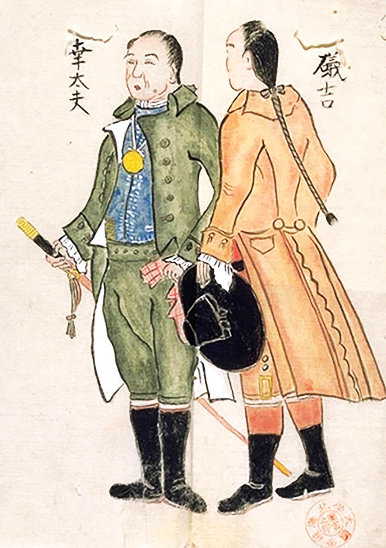 Kembalinya Kodayu dan Isokichi, Dua Korban Kapal Karam dari Jepang, karya Adam Laxman, 1792.