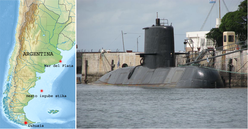 LEVO: zemljevid izginotja podmornice, DESNO: podmornica ARA San Juan (S-43)