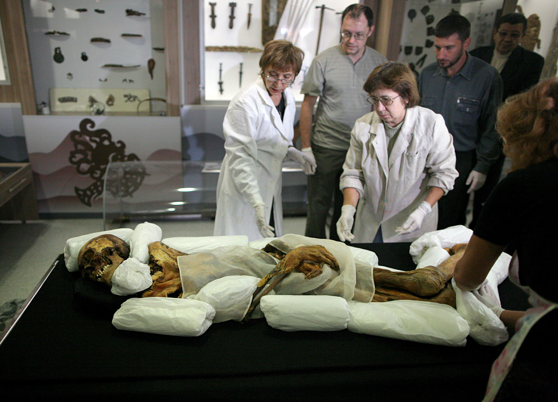 The staff of the Museum of Archeology and Ethnography of the Russian Academy of Sciences Siberian Branch pack the mummy of Princess of Ukok for delivery to the A.V. Anokhin National Museum in the Republic of Altai.