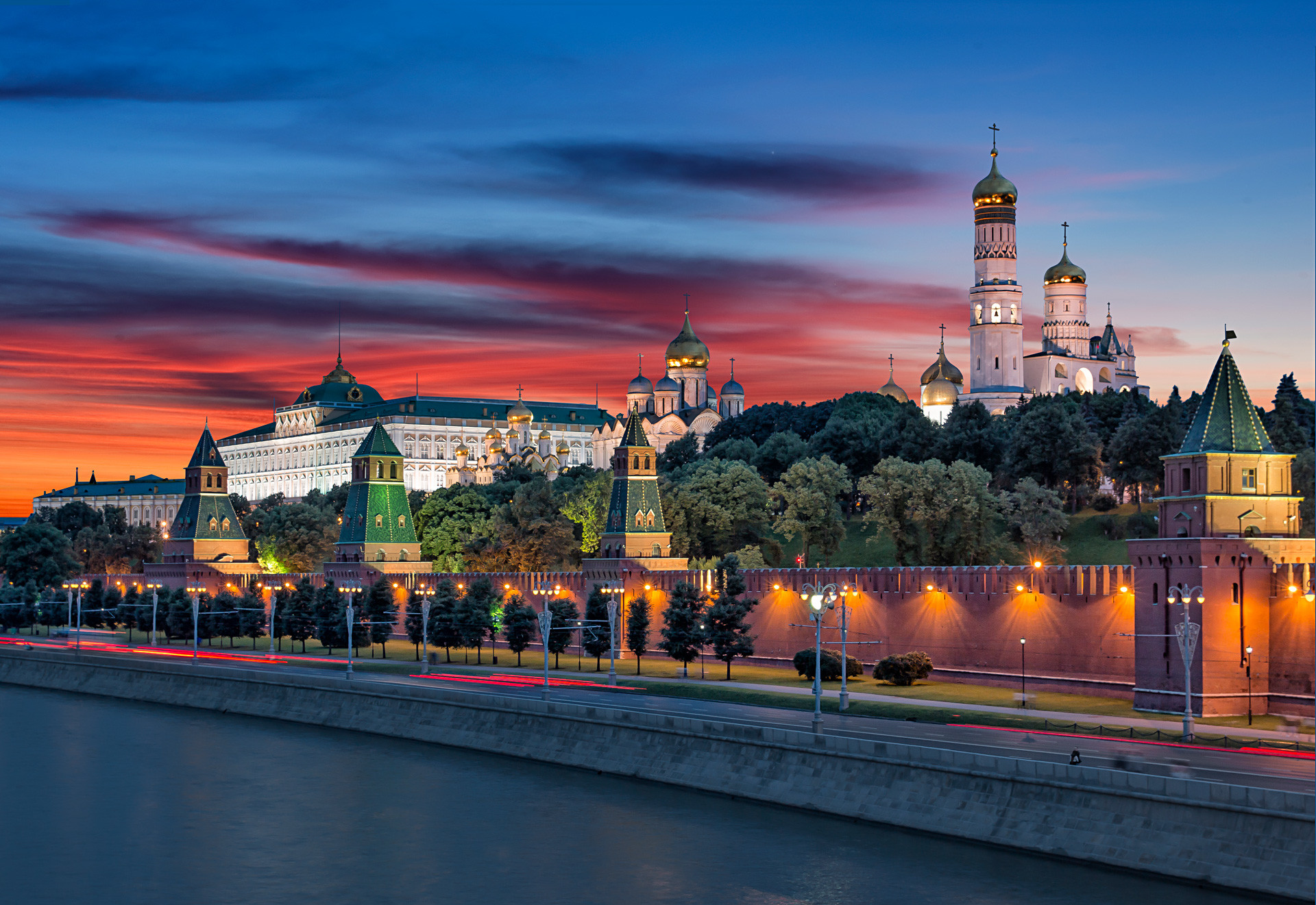 View of Kremlin churches and towers from Moscow River Bridge.