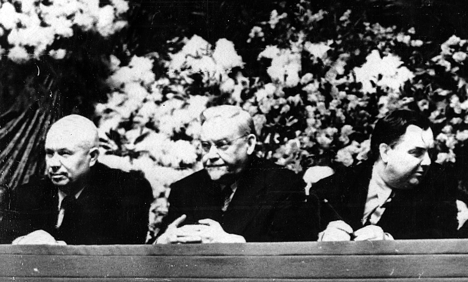Soviet politicians Nikita Khrushchev, Nikolai Bulganin and Georgy Malenkov