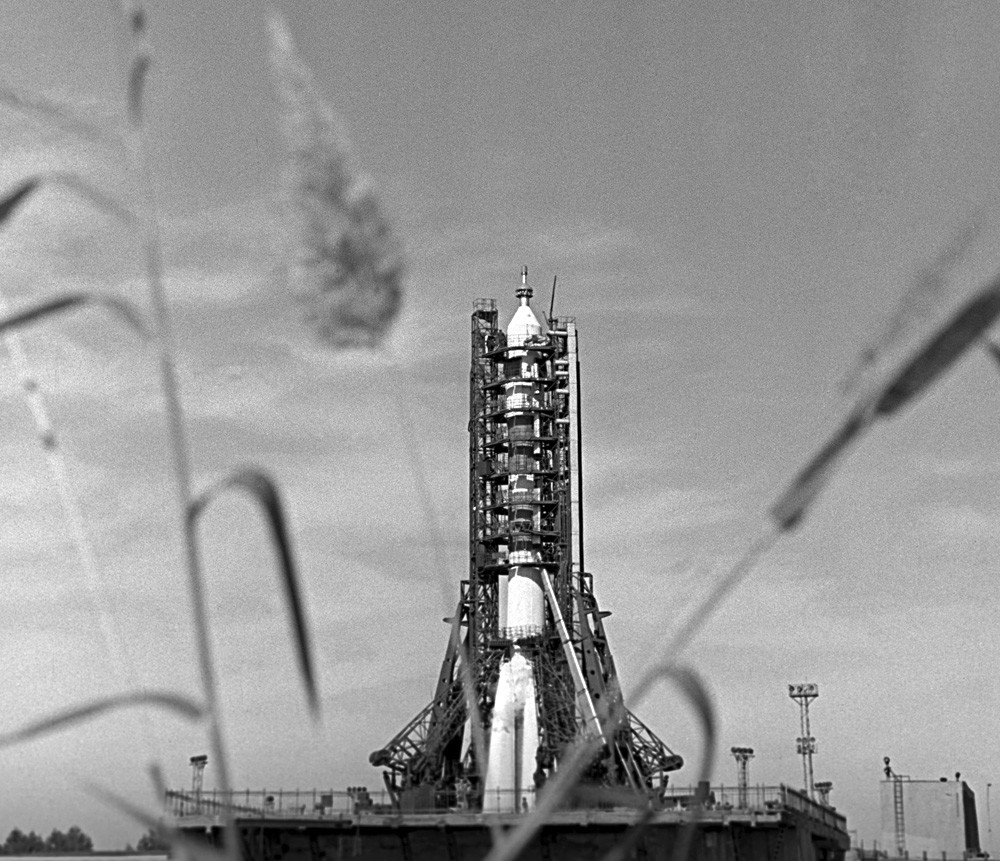 Rocket booster carrying the Soyuz 11 spaceship on its launch pad at the Baikonur Cosmodrome