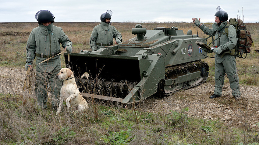 Tim pembersih ranjau dari korps zeni Rusia dengan seekor anjing yang dilatih untuk mendeteksi ranjau bersiaga di dekat sistem robot Uran-6 yang dikendalikan  darijarak jauh selama operasi penyapuan bahan peledak dari lahan pertanian.