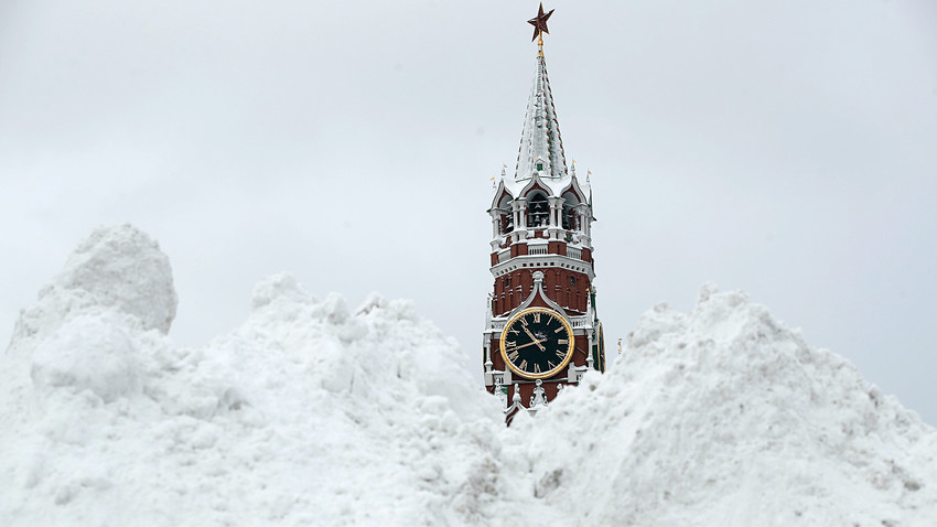 Snow covered Red Square and the Spasskaya Tower after a snowstorm in Moscow, Russia, Feb. 5, 2018. 