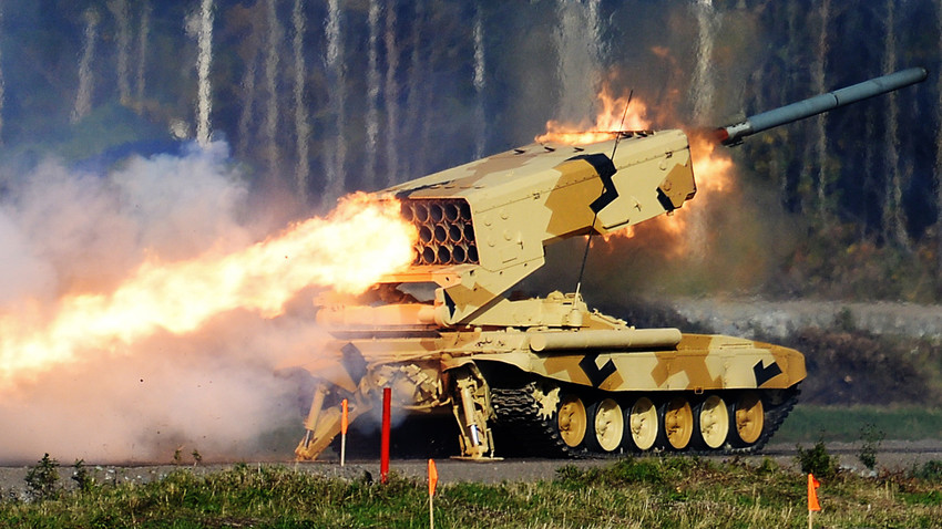 A TOS-1 "Buratino" heavy flamethrower system firing at the 10th Anniversary International Exhibition of Arms, Military Equipment and Ammunition "Russia Arms Expo 2015" on the grounds of the Nizhny Tagil State Demonstration and Exhibition Center of Armament and Military Equipment. 