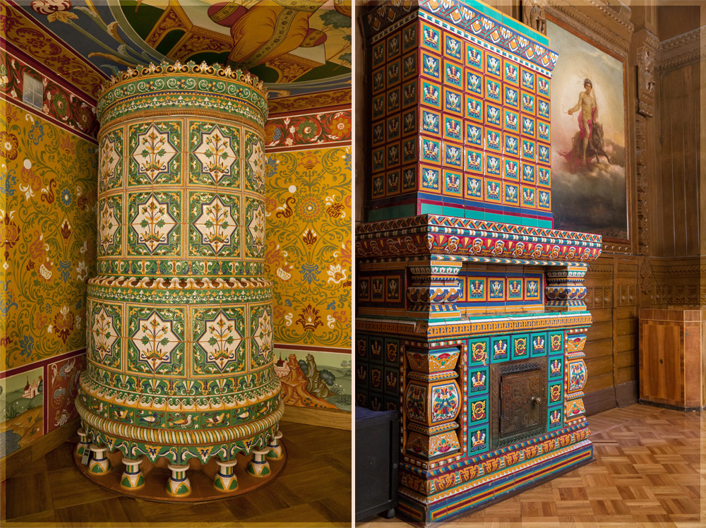 On the left: The stove from the Palace of Tsar Alexey Mikhailovich in Moscow. On the right: the stove from the Palace of Tsar Vladimir Alexandrovich in St. Petersburg. Both decorated with ceramic tiles.