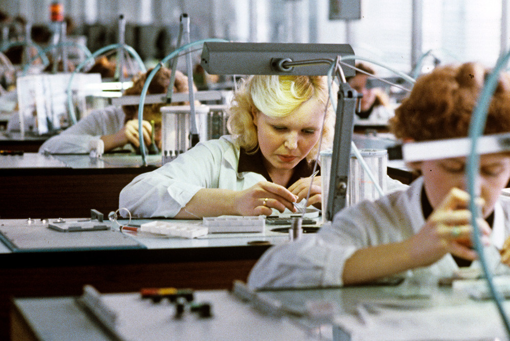 An assembly line of Uglich Watch-Making Factory named after 50th anniversary of the USSR. 1983